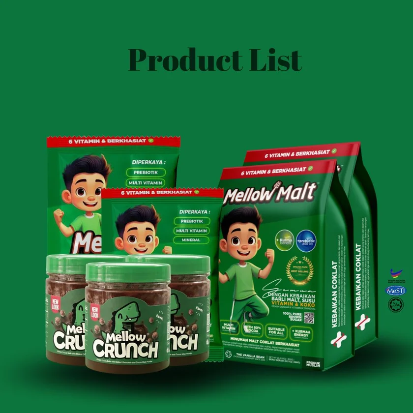 Mellow Malt product range including sachets and Mellow Crunch